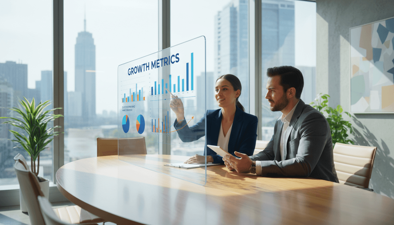 Business advisor meeting with client in modern office discussing charts and data