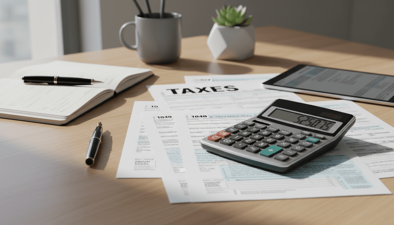 Close up of tax forms and calculator on a clean desk with office supplies