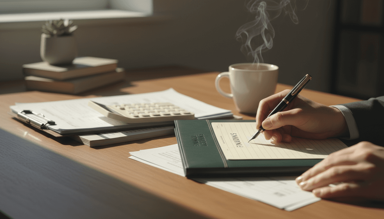 Professional bookkeeper working at a desk with financial documents and calculator in natural lighting