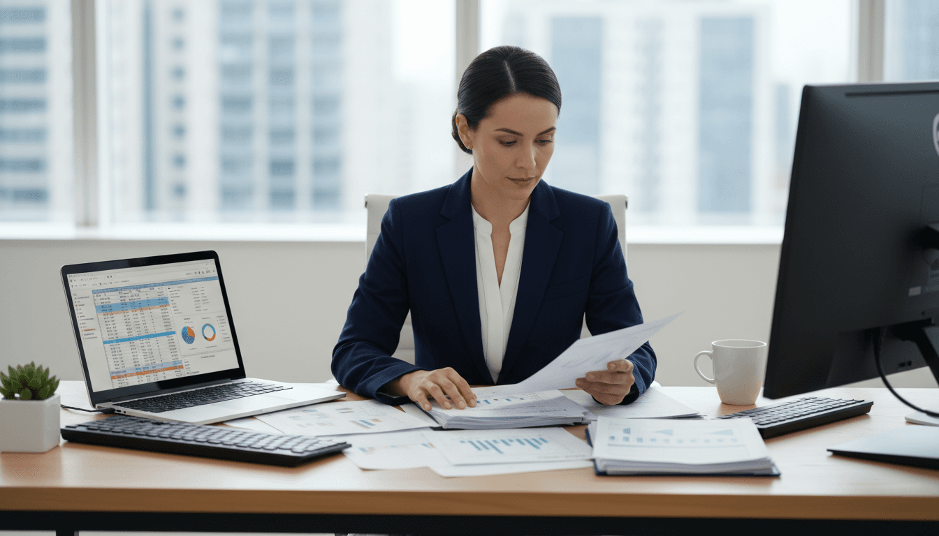 Professional accountant reviewing financial documents at a clean modern desk with laptop
