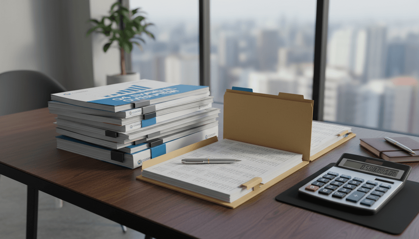 Organized stack of financial reports and folders on a desk with calculator