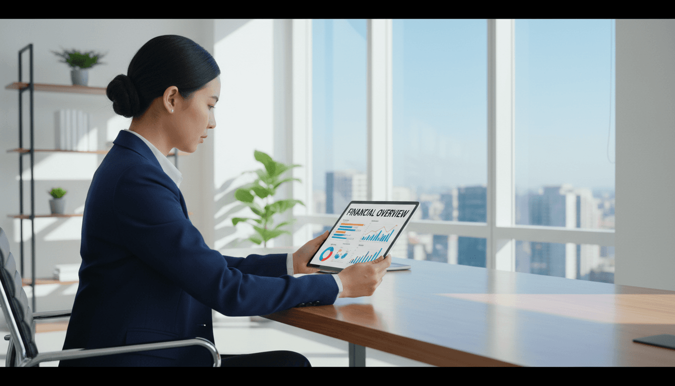 Business professional checking financial dashboard on tablet in bright office