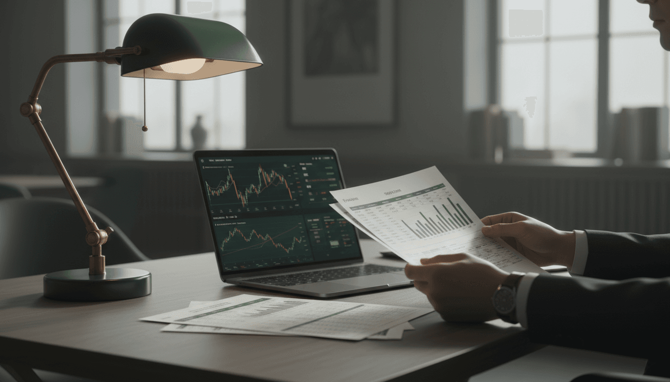 Professional bookkeeper reviewing financial statements at a clean workspace