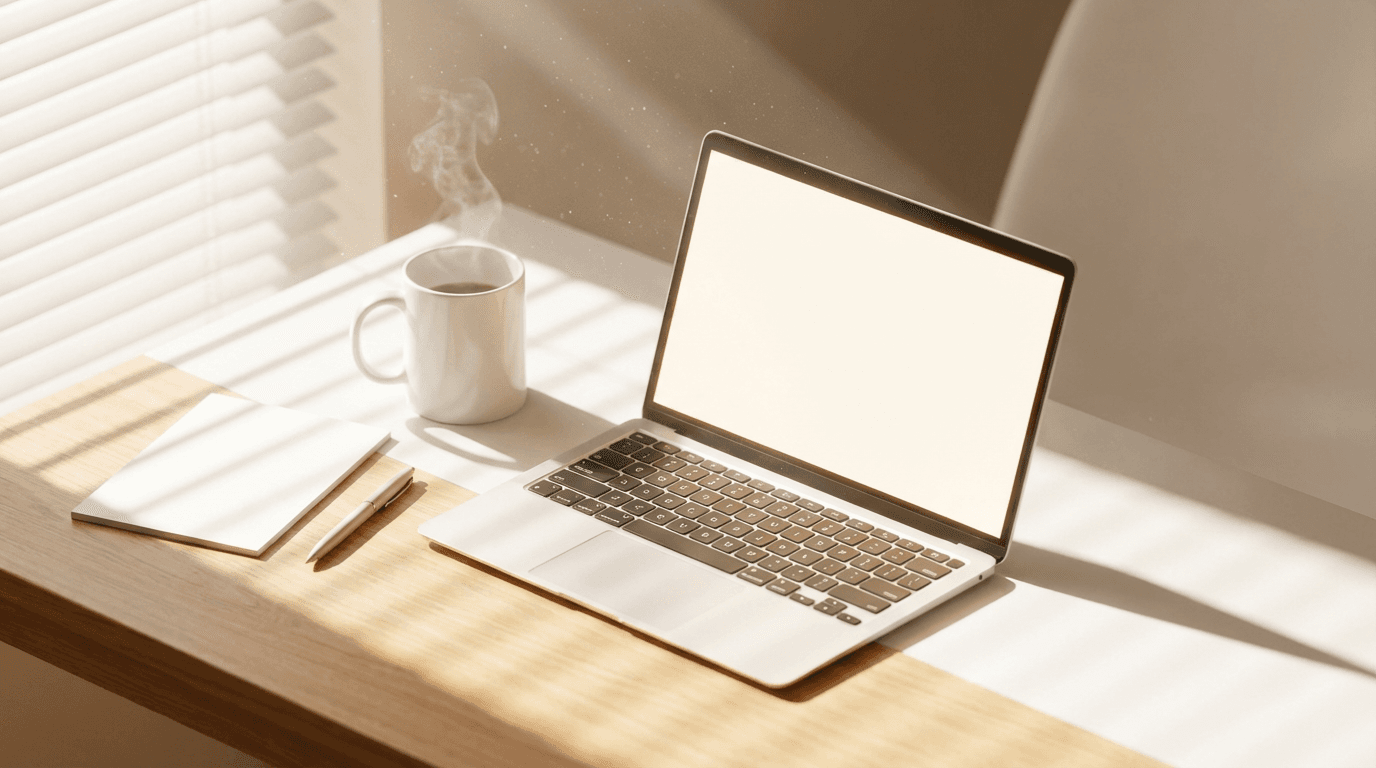 Organized workspace with notebook and calculator on a clean desk with natural lighting