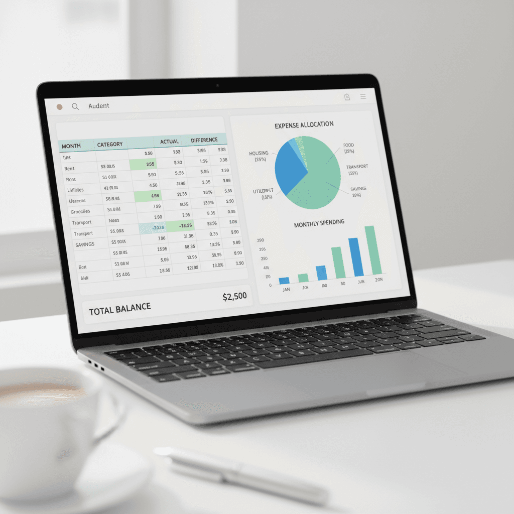 Laptop screen showing organized financial data and bookkeeping dashboard