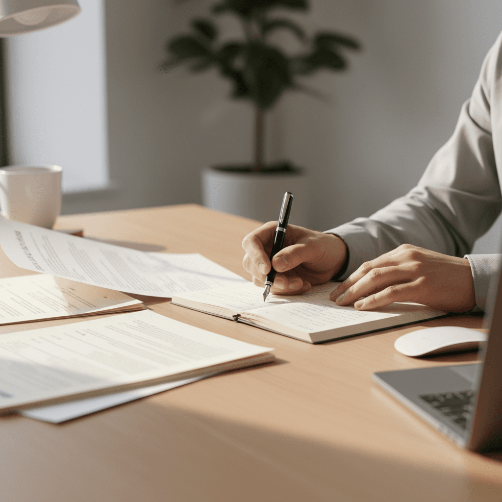 Professional reviewing financial documents on a clean workspace