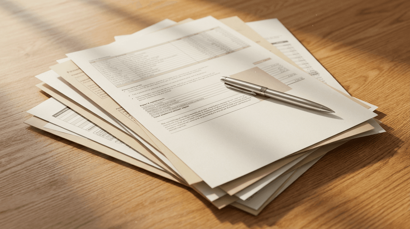 Detailed financial reports and statements organized on a desk with professional lighting highlighting key metrics