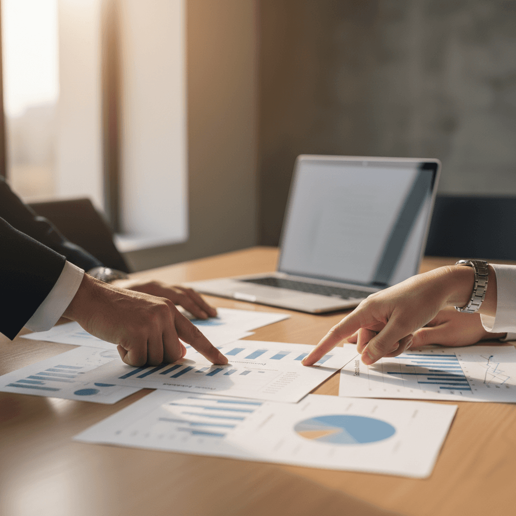 Financial consultant and business owner reviewing performance metrics and growth insights from organized data analysis