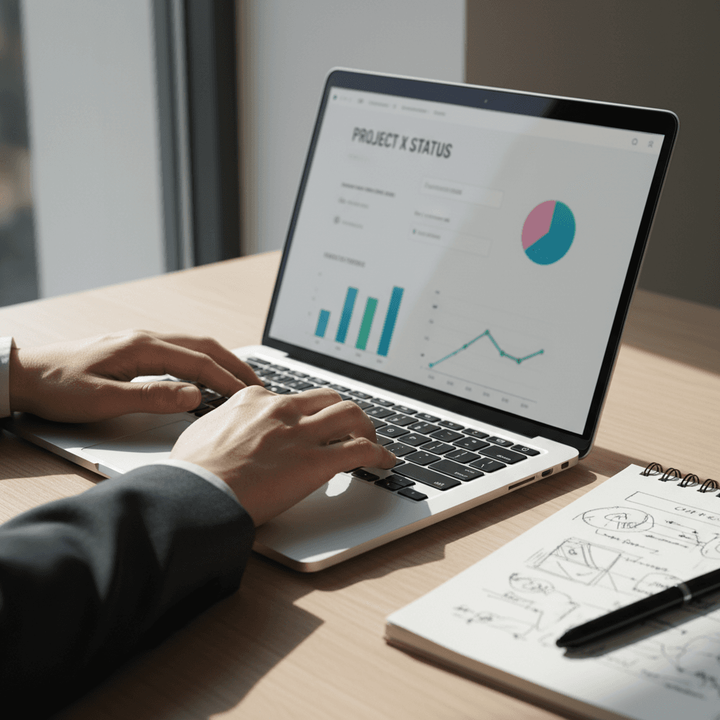 Professional bookkeeper recording transactions with organized financial software on a clean minimal workspace