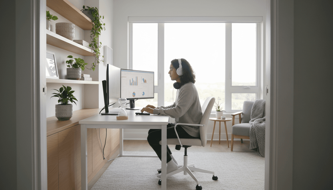 Clean, organized home office workspace with financial dashboards on screen