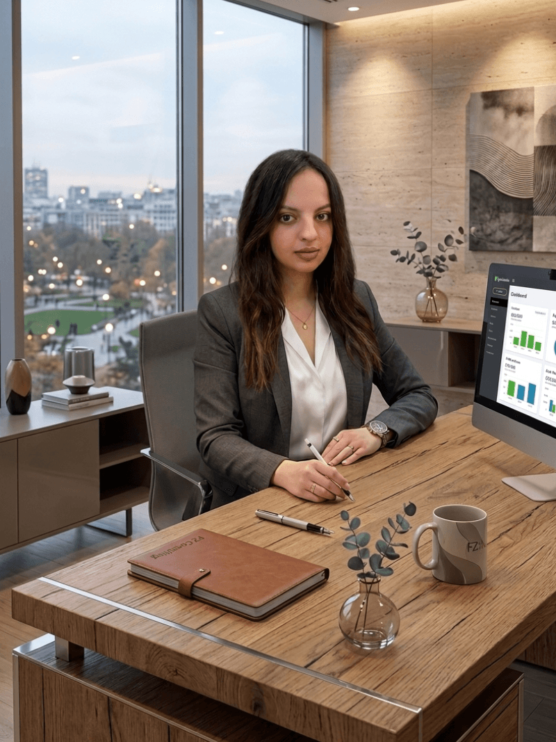 Professional woman in a grey blazer sitting at a wooden desk overlooking a city skyline.
